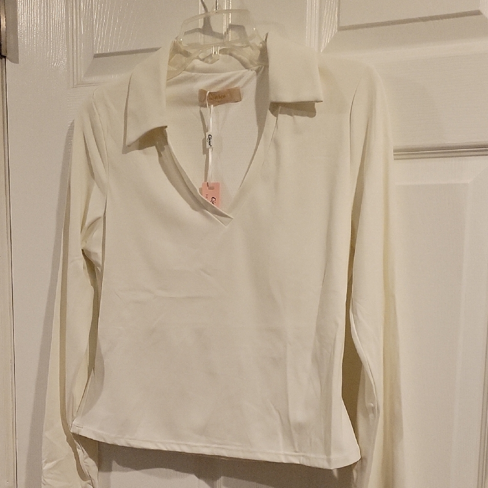 Qinsen Collared Long-Sleeve V-Neck Top in Cream